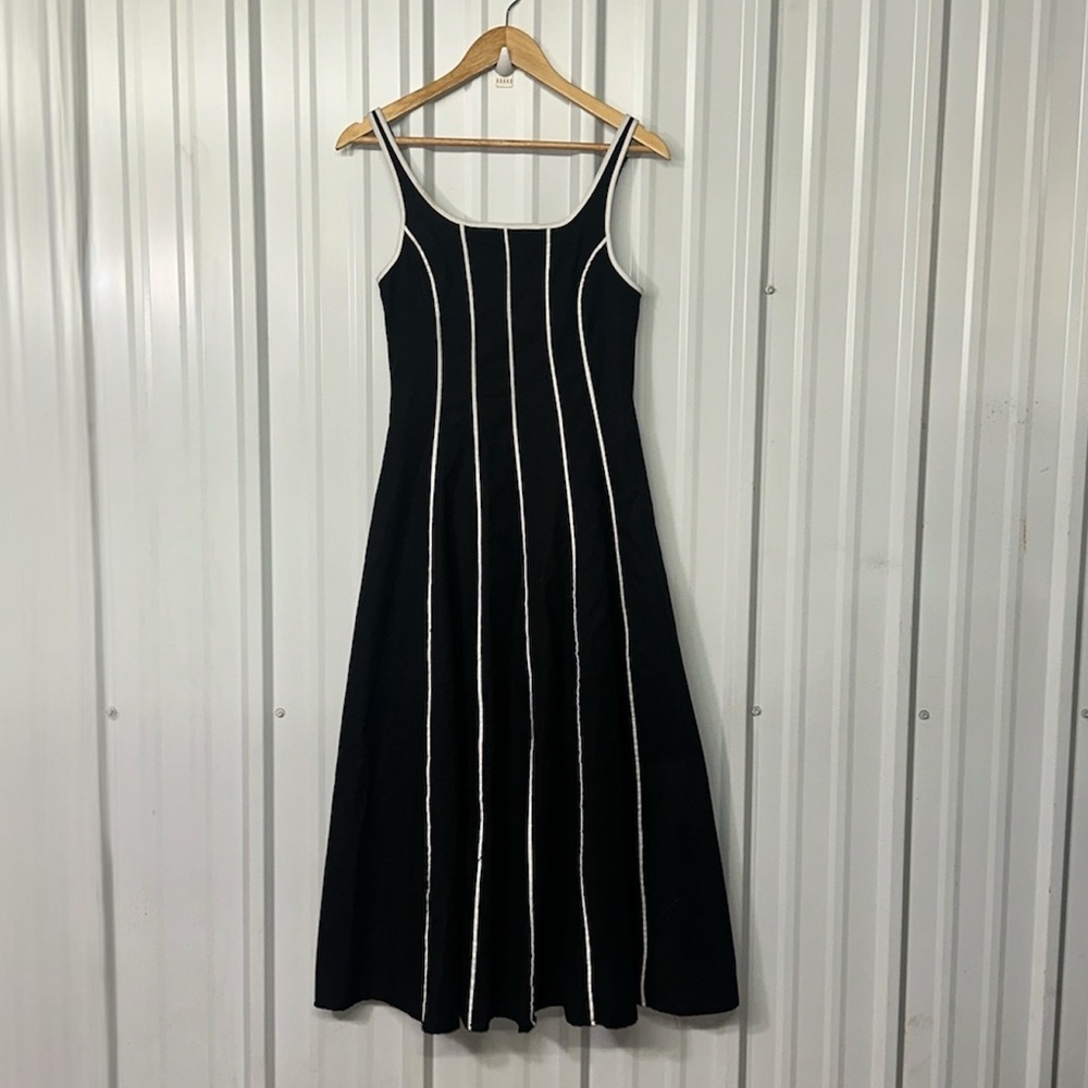 Black Linen Blend Maxi Dress White Contrast Stitching Minimalist A-Line Sundress